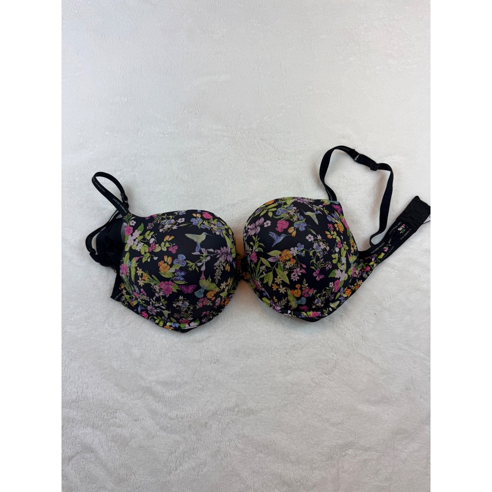 Victoria's Secret Perfect Shape Bra 38DD Black Floral Hummingbird UW Padded